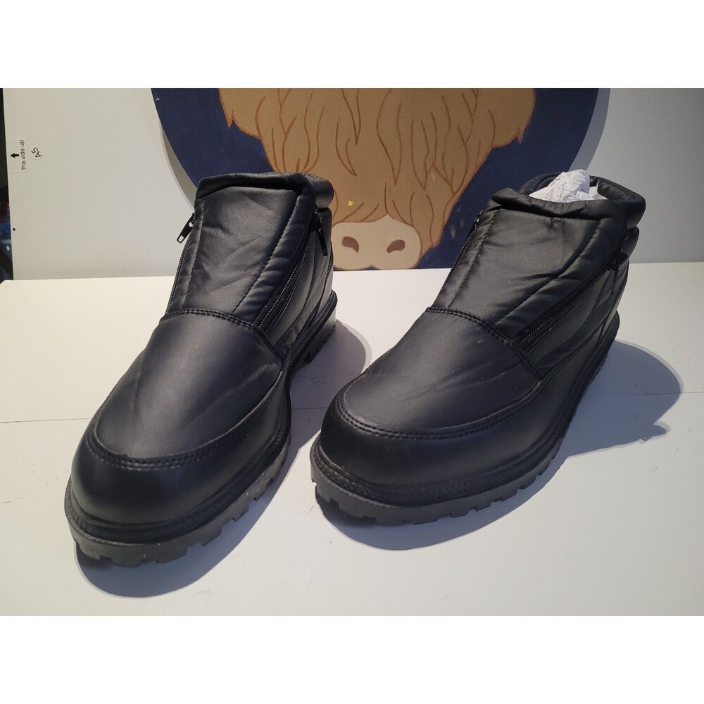 Men's Black Winter Snow Boots Dual Zip Insulated Faux Fur Lined Rubber Sole 9